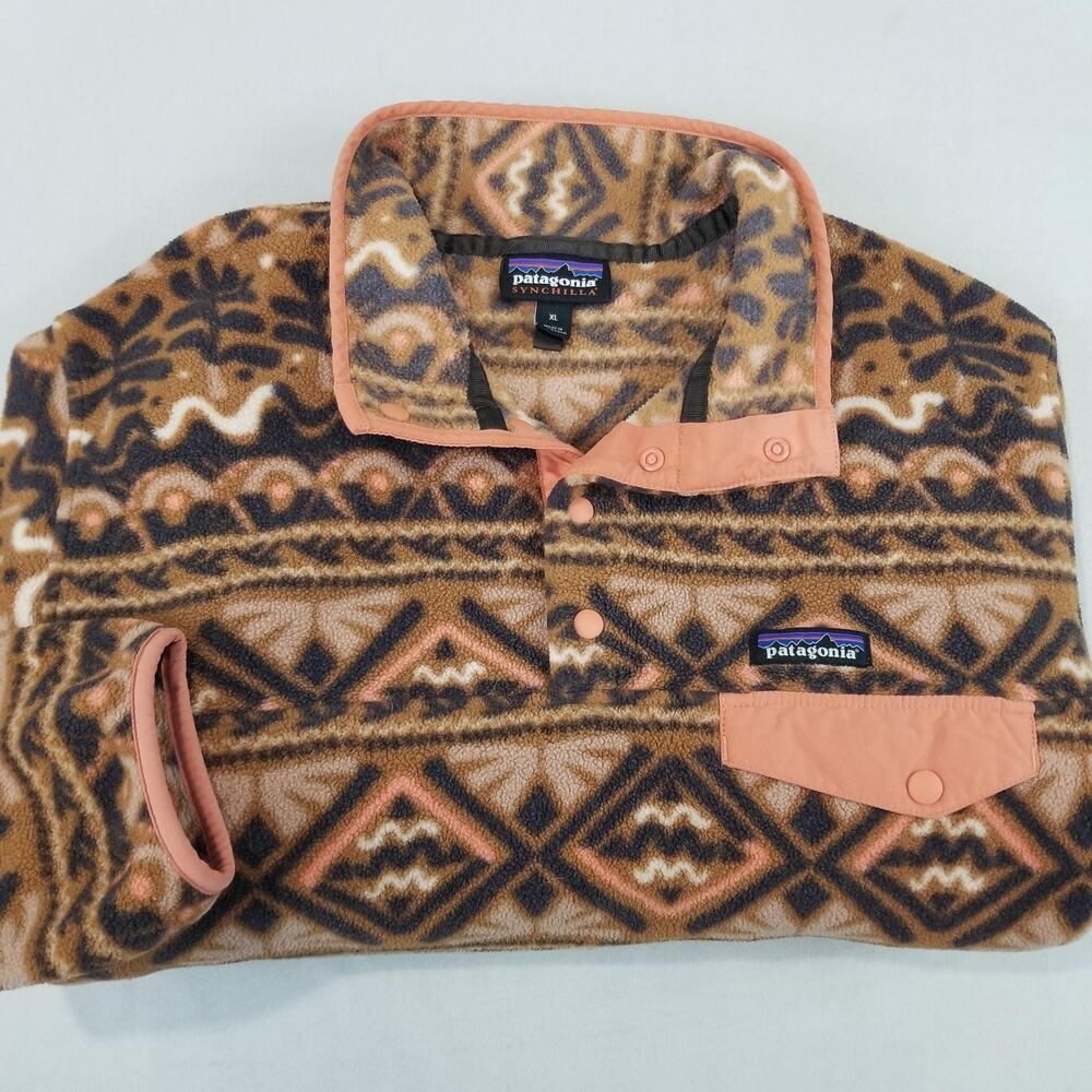 Patagonia Synchilla Womens XL Snap T Mangrove Henna Brown Aztec Tribal Fleece - Picture 3 of 11